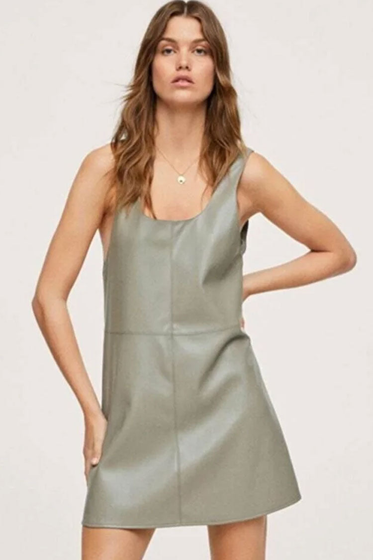 Mint Green Scoop Neck Sleeveless Vegan Leather A-Line Mini Dress