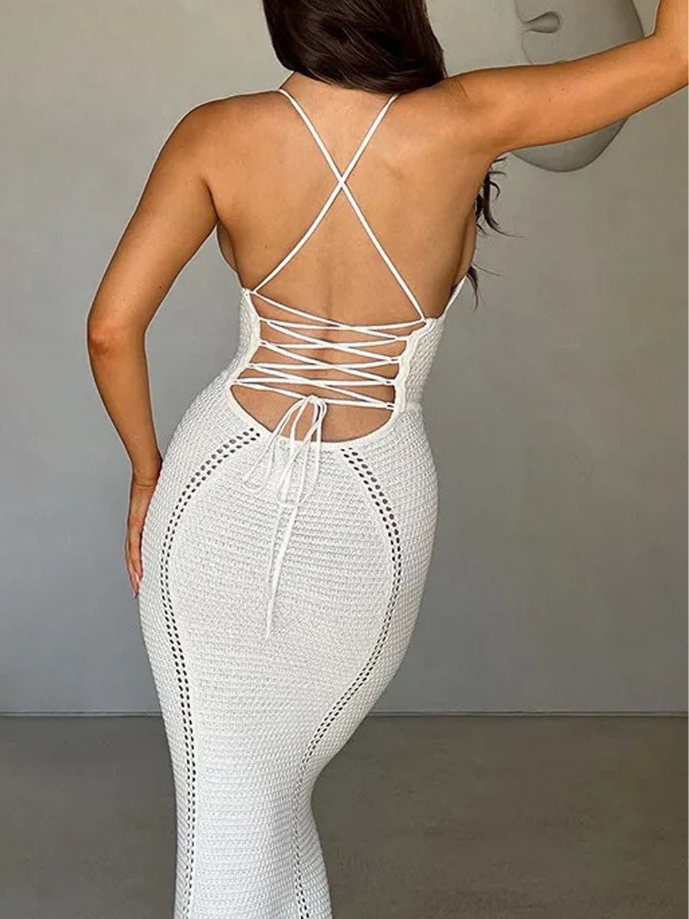 Crochet Halter Neck Corset Panel Cut Out Column Maxi Dress 2