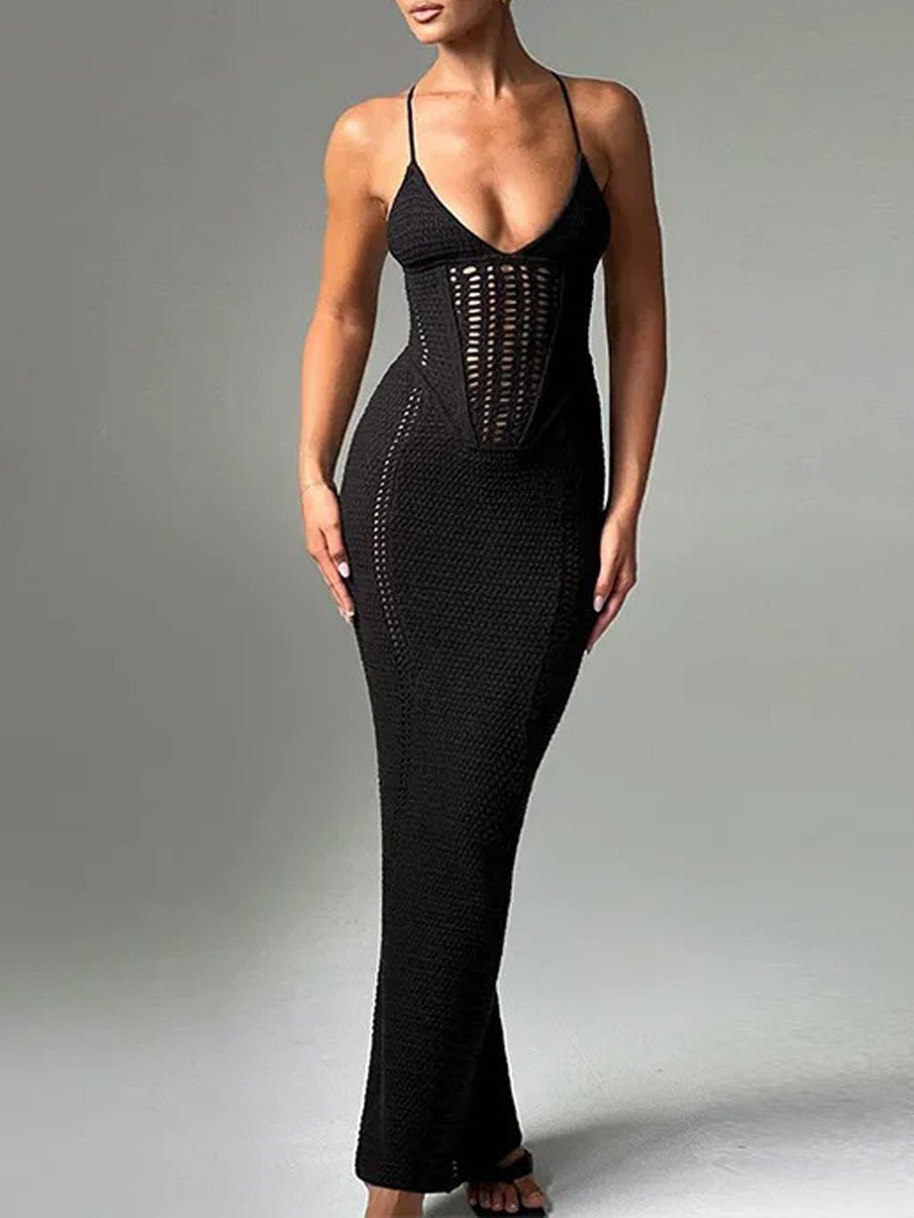 Crochet Halter Neck Corset Panel Cut Out Column Maxi Dress 5
