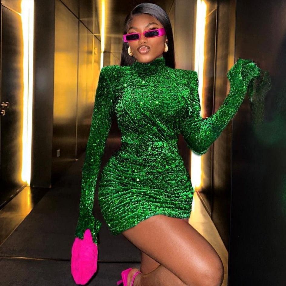 Green High Neck Long Sleeve Sequin Glove Ruched Bodycon Mini Dress 6