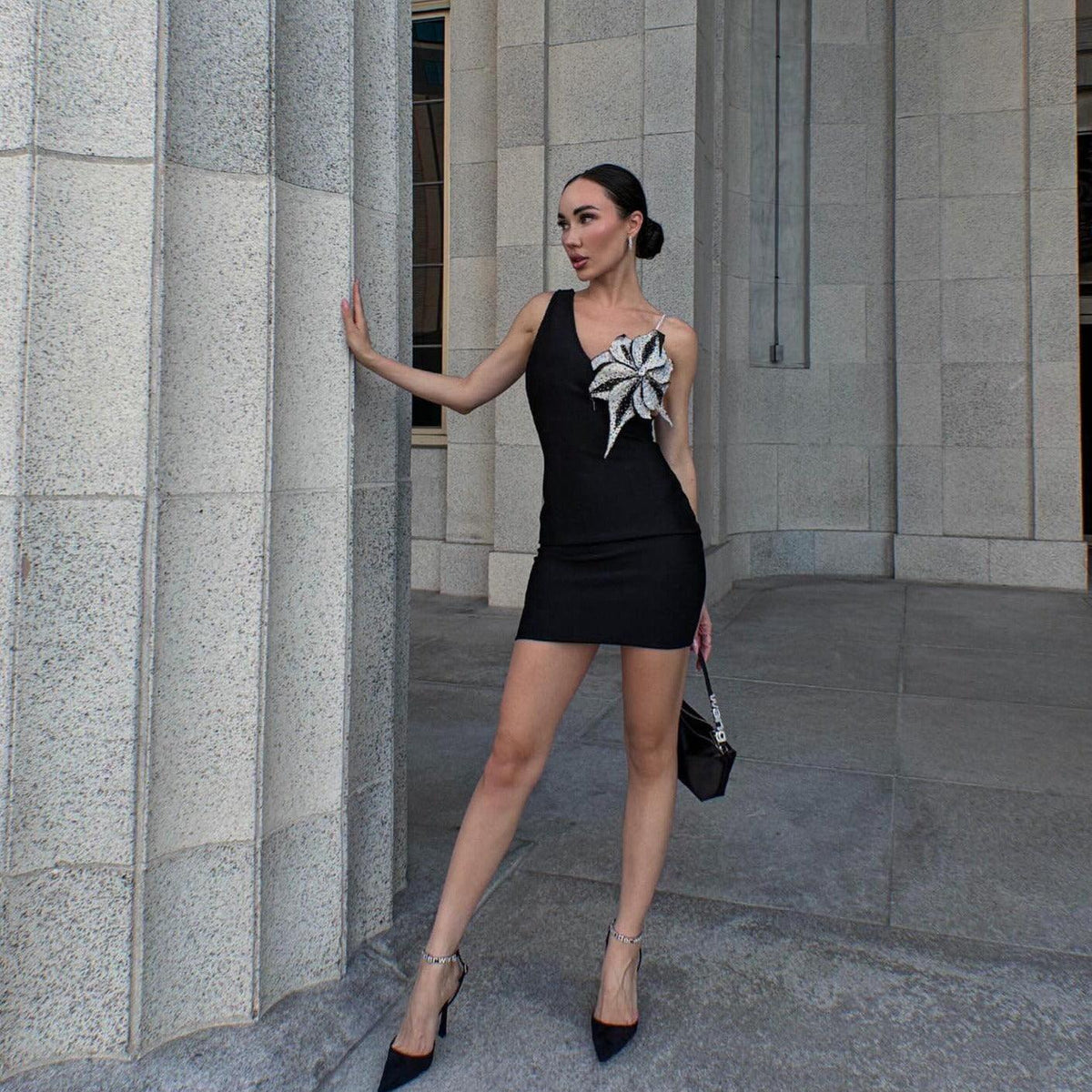 Black One-Shoulder Plunge Crystal Floral Applique Bodycon Mini Dress