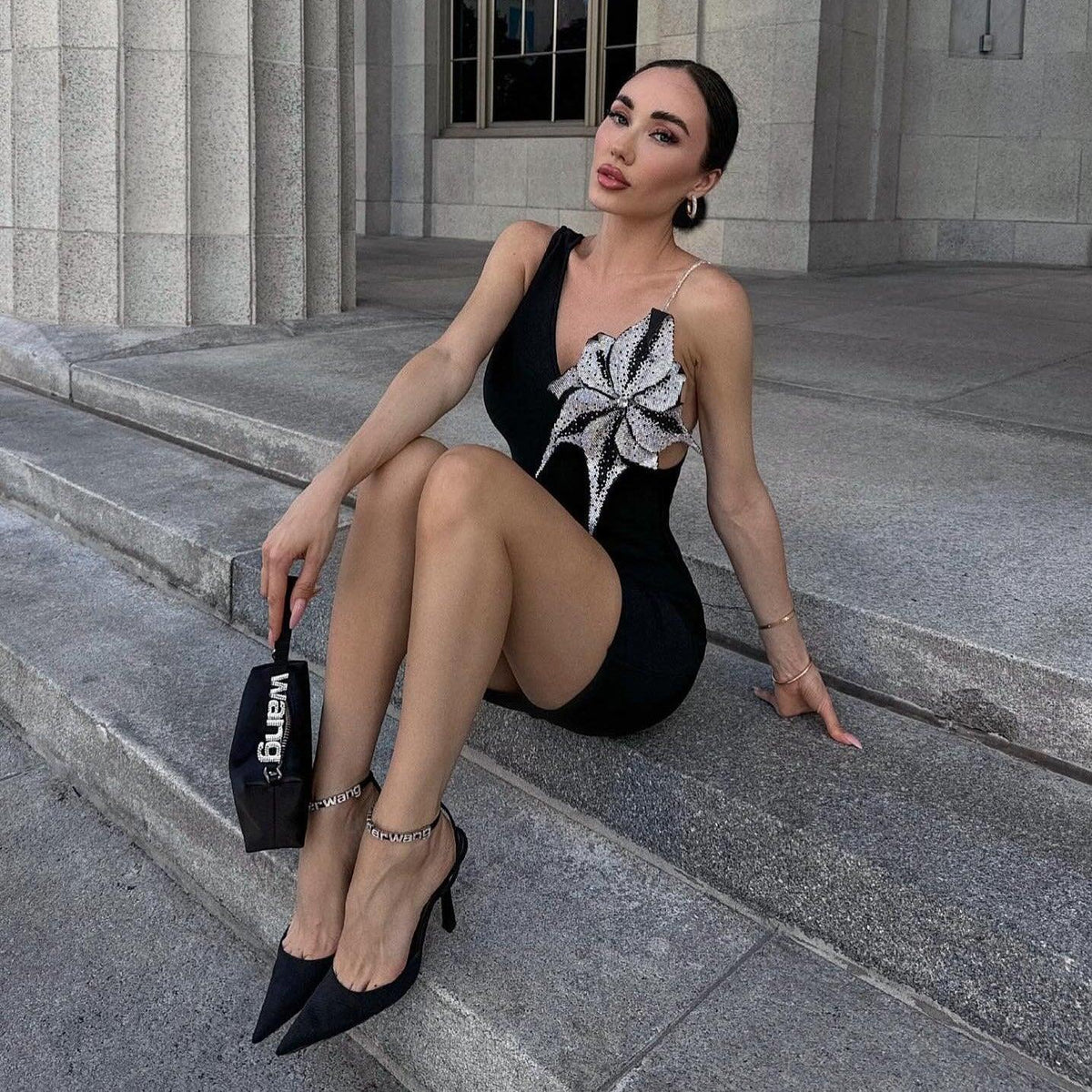Black One-Shoulder Plunge Crystal Floral Applique Bodycon Mini Dress