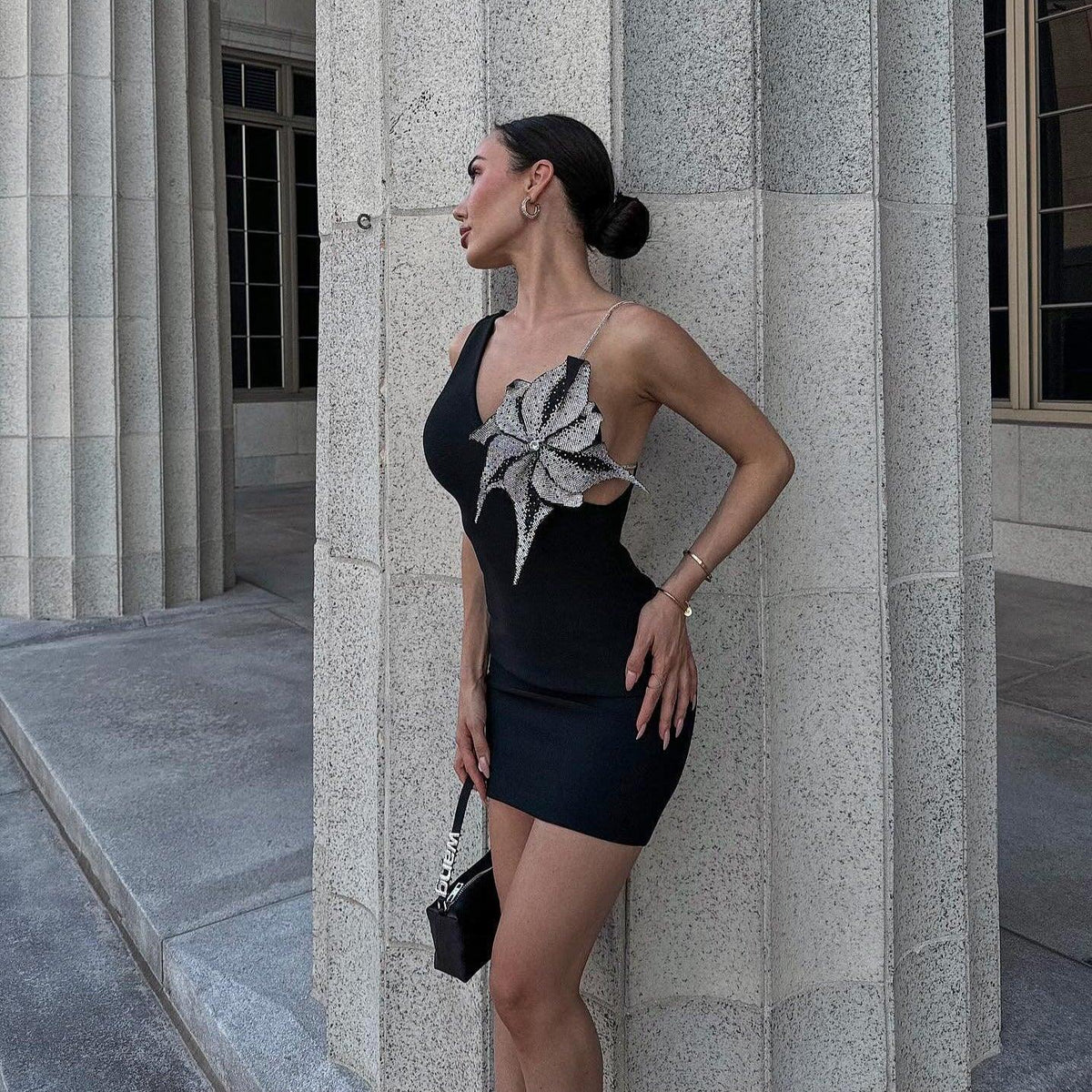 Black One-Shoulder Plunge Crystal Floral Applique Bodycon Mini Dress