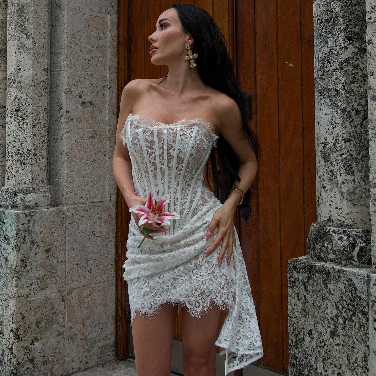 Strapless Sweetheart Lace Corset Draped Bodycon Mini Dress