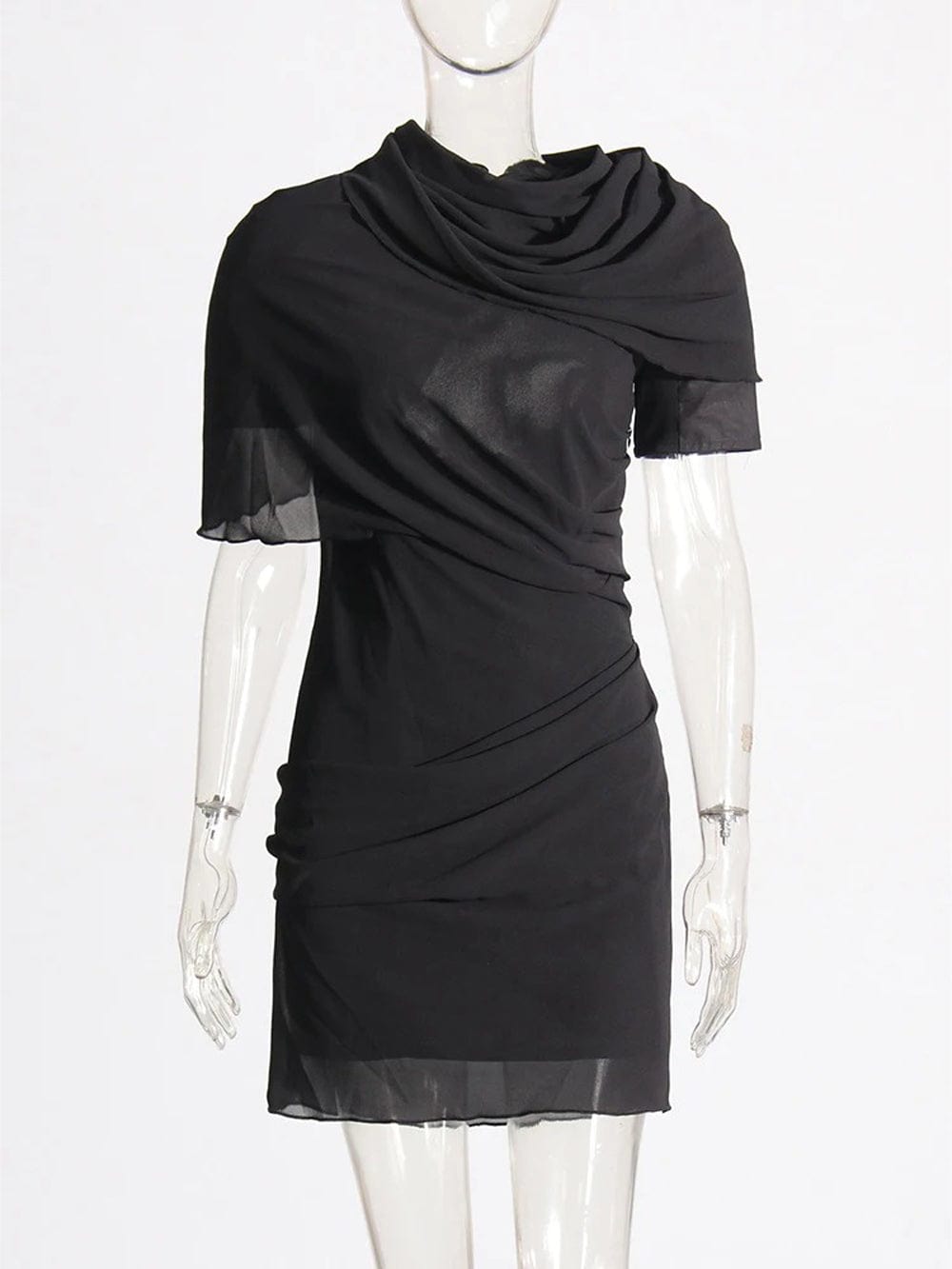 Mock Neck Cape Overlay Ruched Bodycon Mini Dress 6