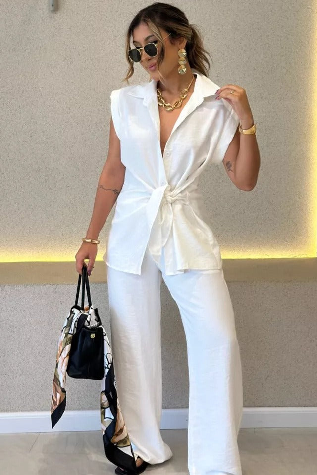Tie Waist Short Sleeve High Waist Two Piece Work Set