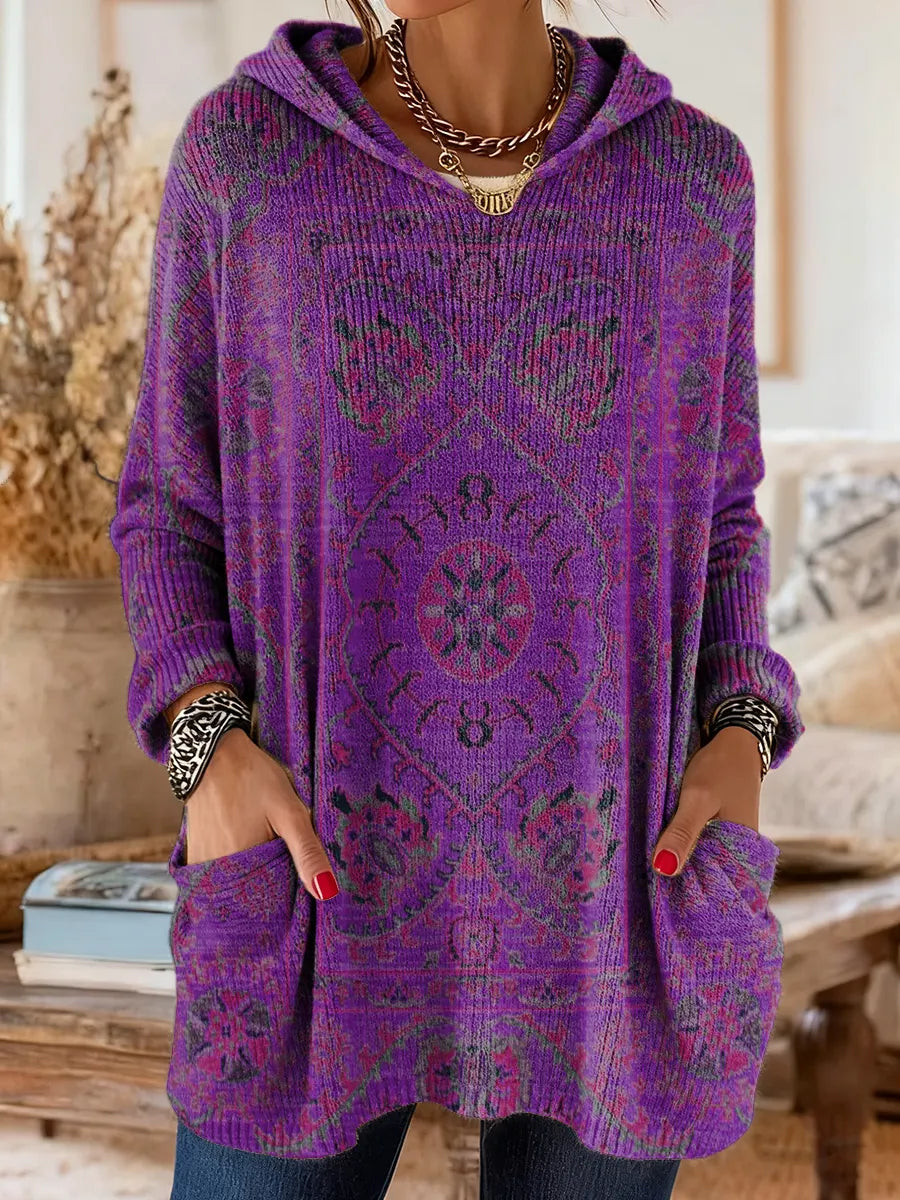 Hooded Ethnic Print Long Sleeve Pocket Knit Sweater