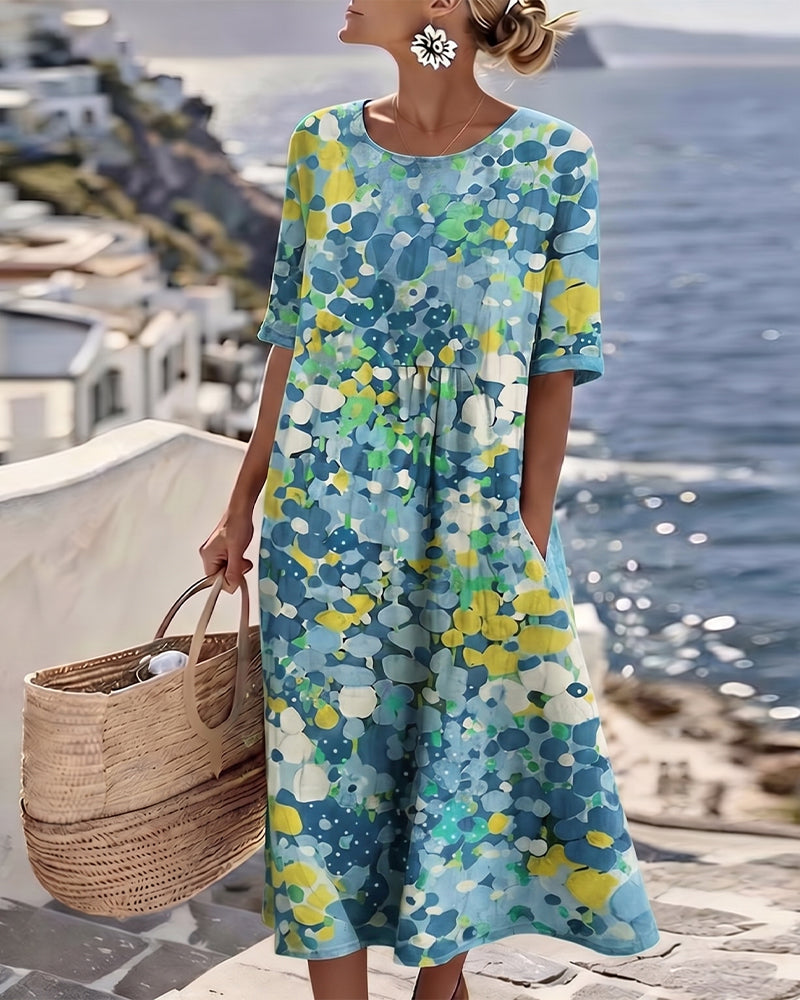 Round Neck Floral Print Short Sleeve A-Line Midi Dress 7