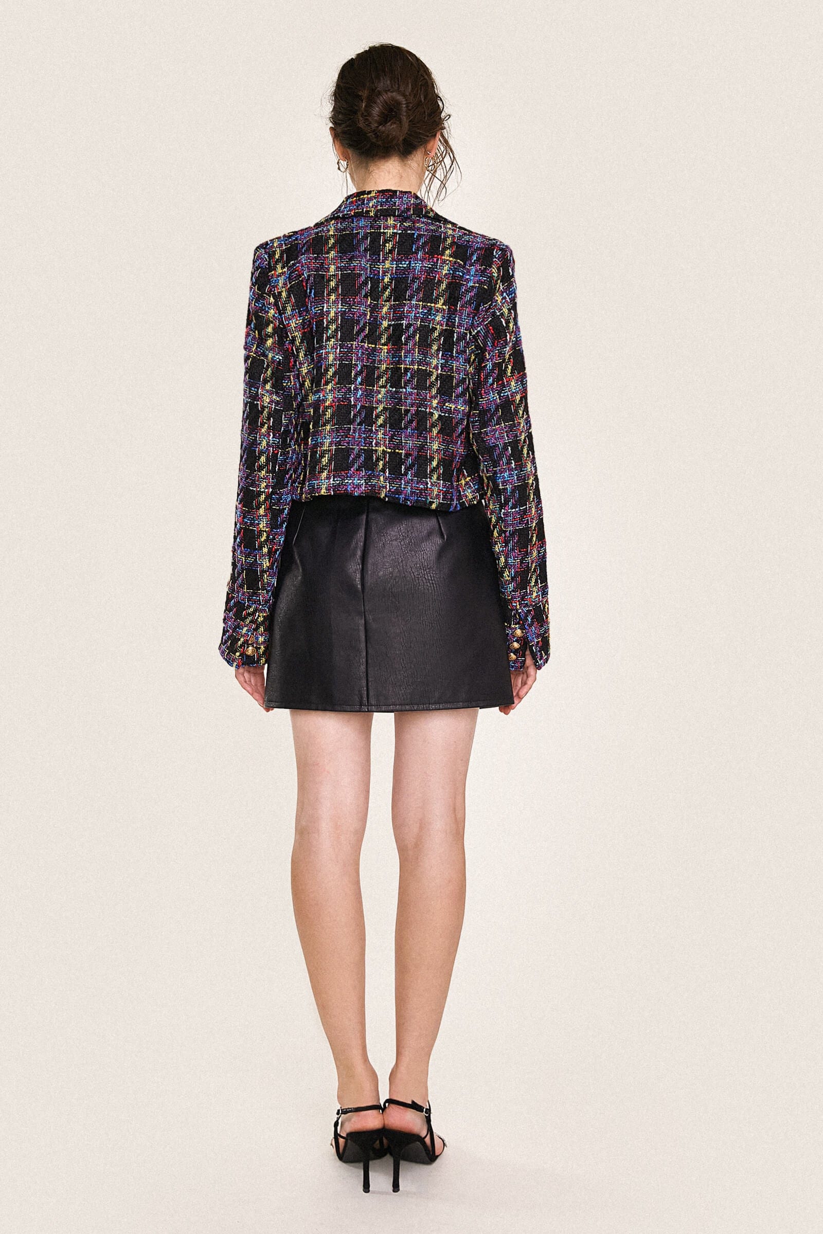 Multicolor Plaid Double-Breasted Cropped Tweed Blazer