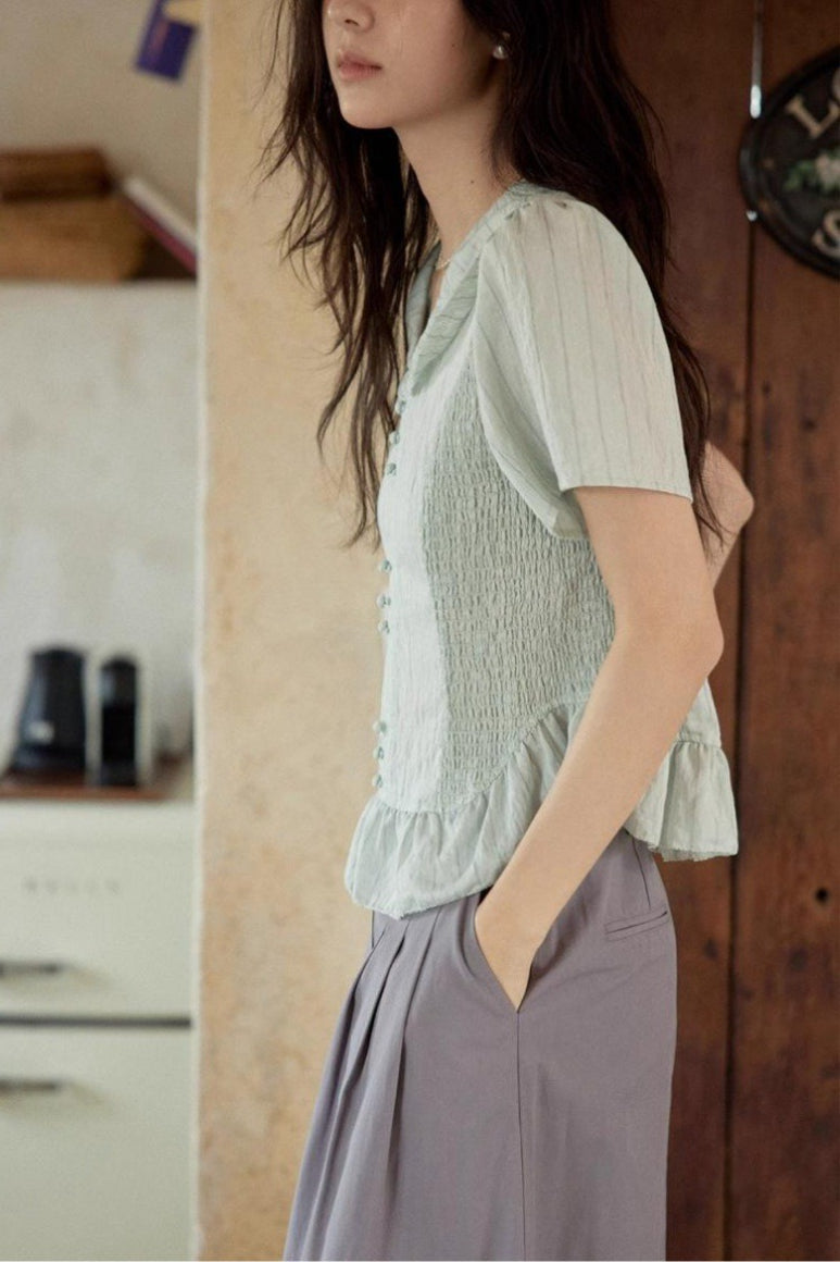 Linen Stripe V Neck Tie Waist Blouse