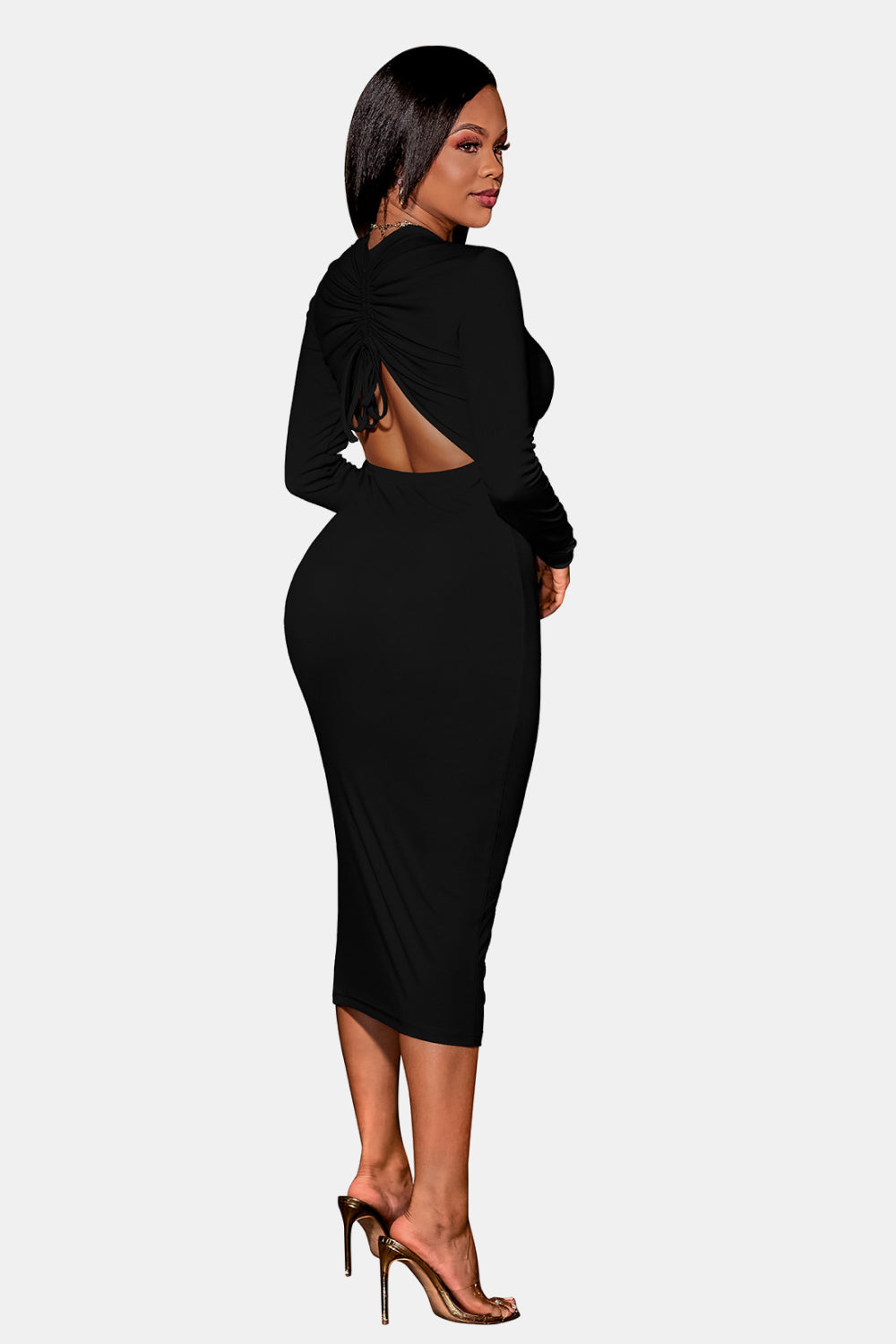 High Neck Zip Front Long Sleeve Cutout Bodycon Midi Dress