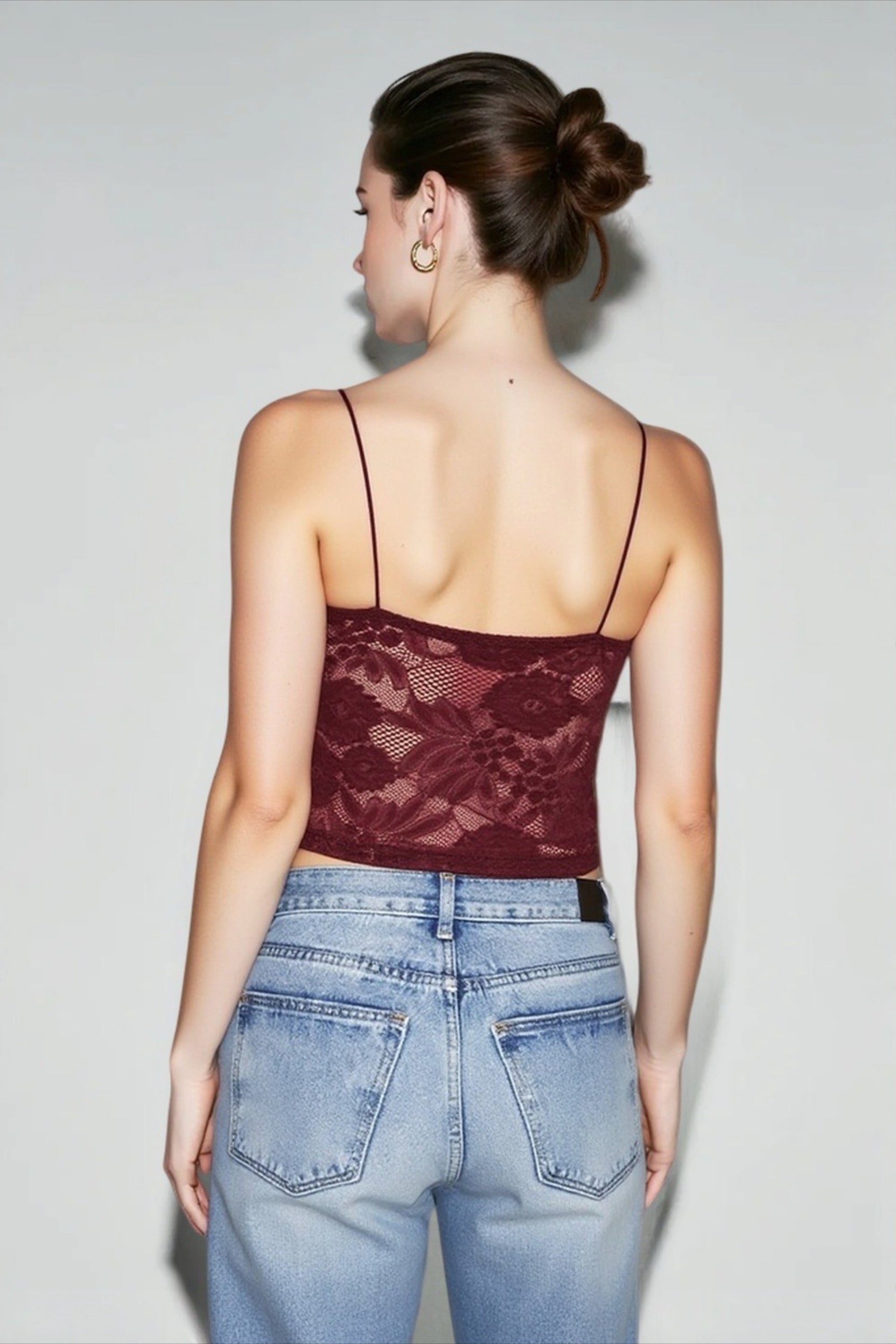 Sheer lace deep v cami top