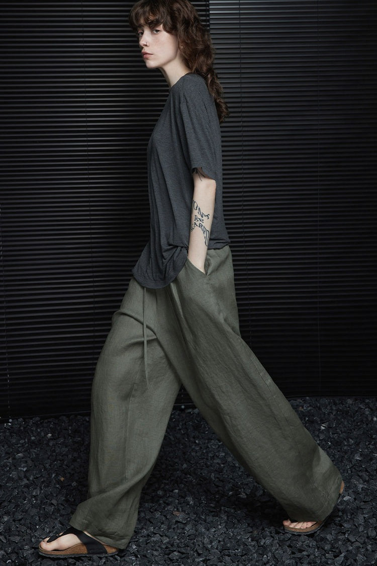 Green Linen High Waist Draped Wide Leg Pants