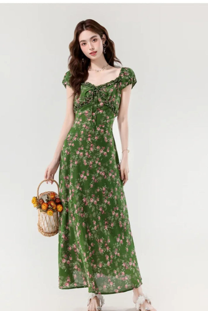 Retro Slim Green V - Neck Floral Dress