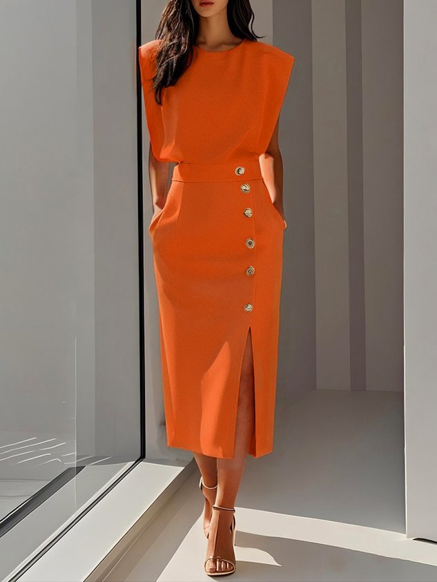 Round Neck Sleeveless Button Slit Sheath Midi Dress