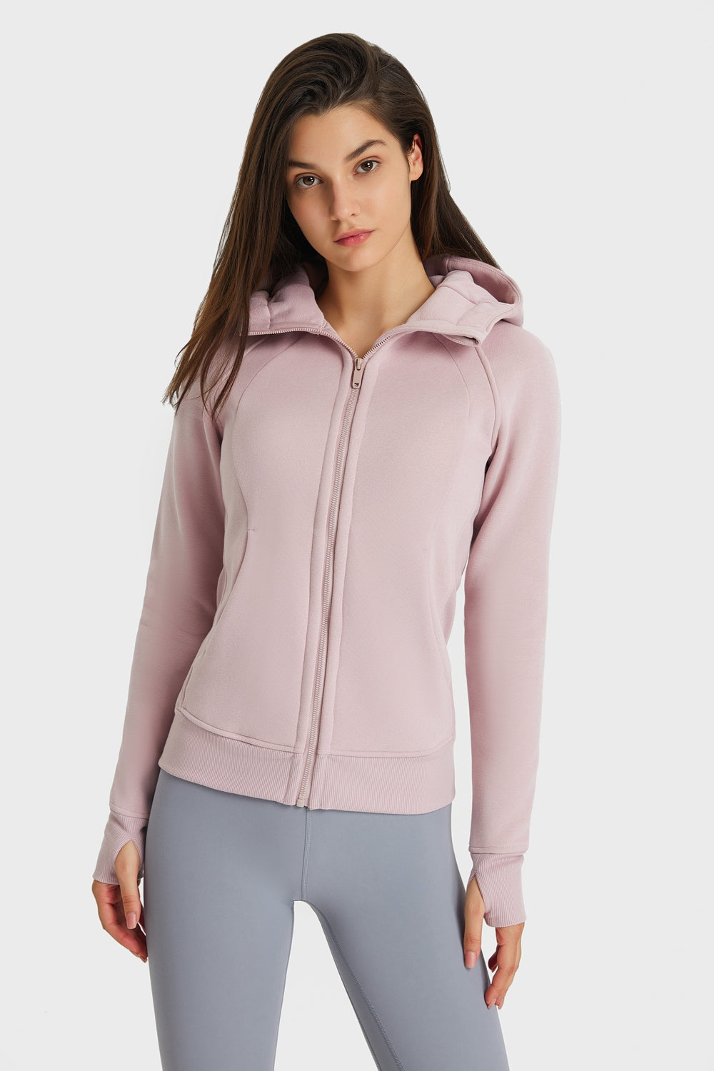 Zip Up Hooded Long Sleeve Thumbhole Fitted Sports Jacket