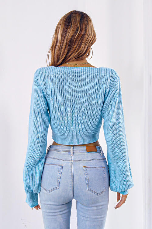 Long Cropped V-Neck Arm Sweater