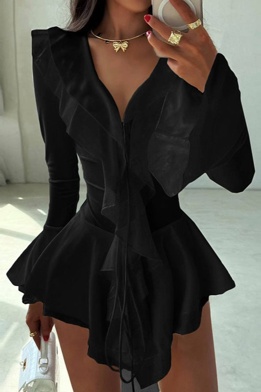 Solid V Neck Flounce Sleeve Waist Cinch Party Dress
