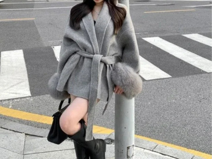 Furry Patchwork Long Sleeve Bandage Overcoat gray / S