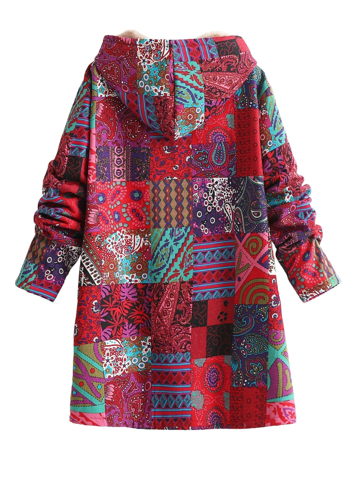 Hooded Ethnic Patchwork Print Fleece-Lined Button Front Longline Coat