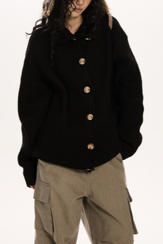 Button Collar Retro Slouchy Knit Cardigan