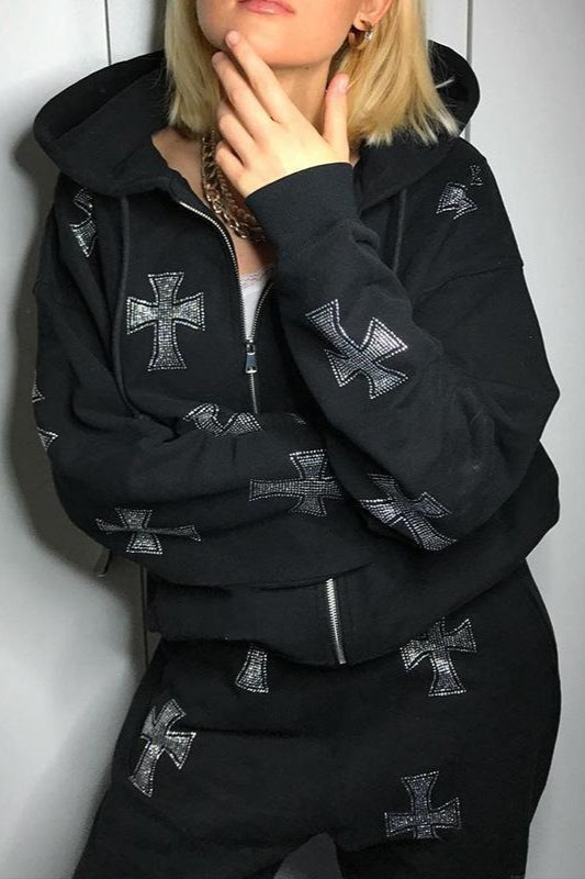 Cross Rhinestone Zip Loose Hoodie