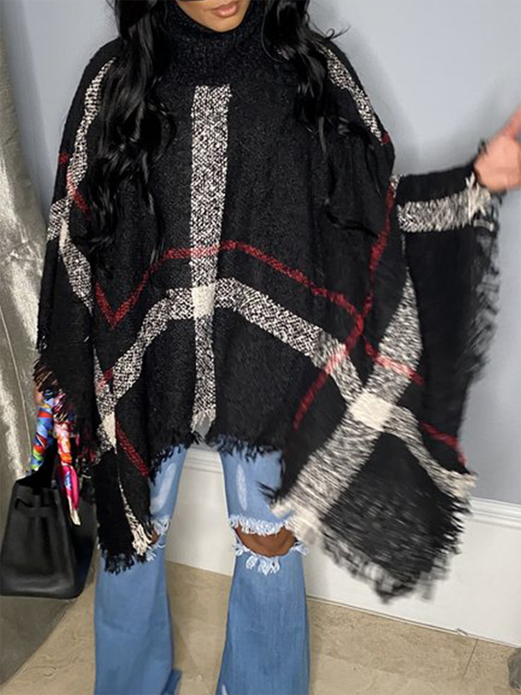 Plaid Fringe Trim Turtleneck Knit Poncho Cape