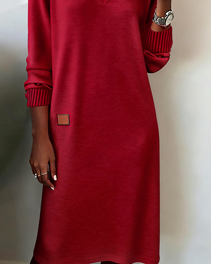 V-Neck Long Sleeve Ribbed Knit Shift Sweater Dress 7