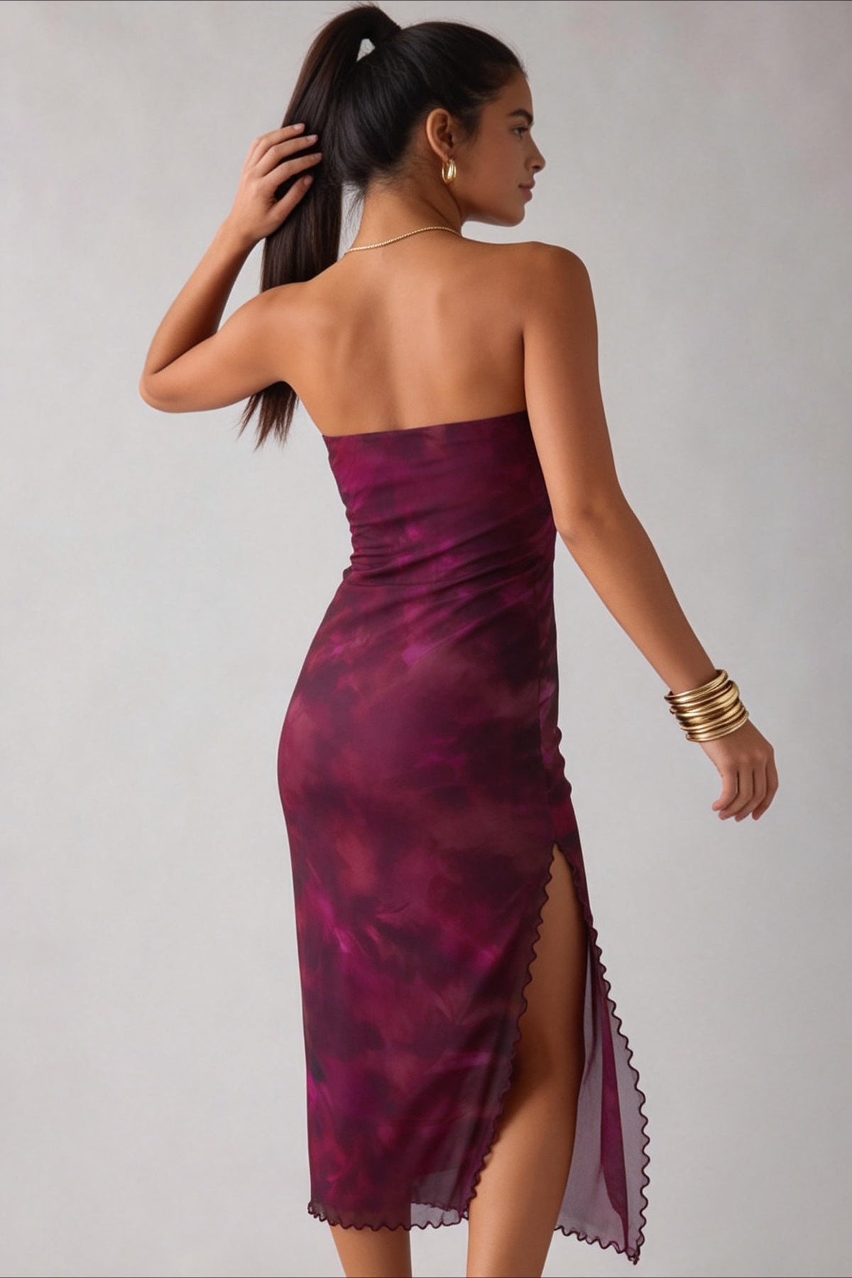 Gradient Mesh Tube Backless Slit Maxi Slim Bodycon Dress