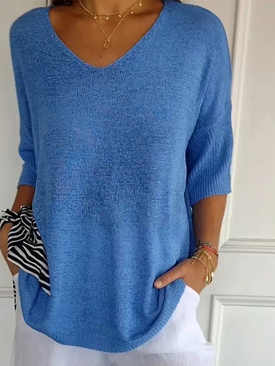 V-Neck Knitted Relaxed Half Sleeve Sweater 2