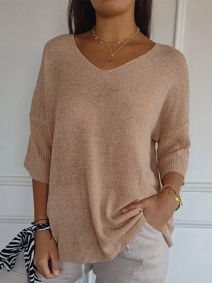 V-Neck Knitted Relaxed Half Sleeve Sweater 3