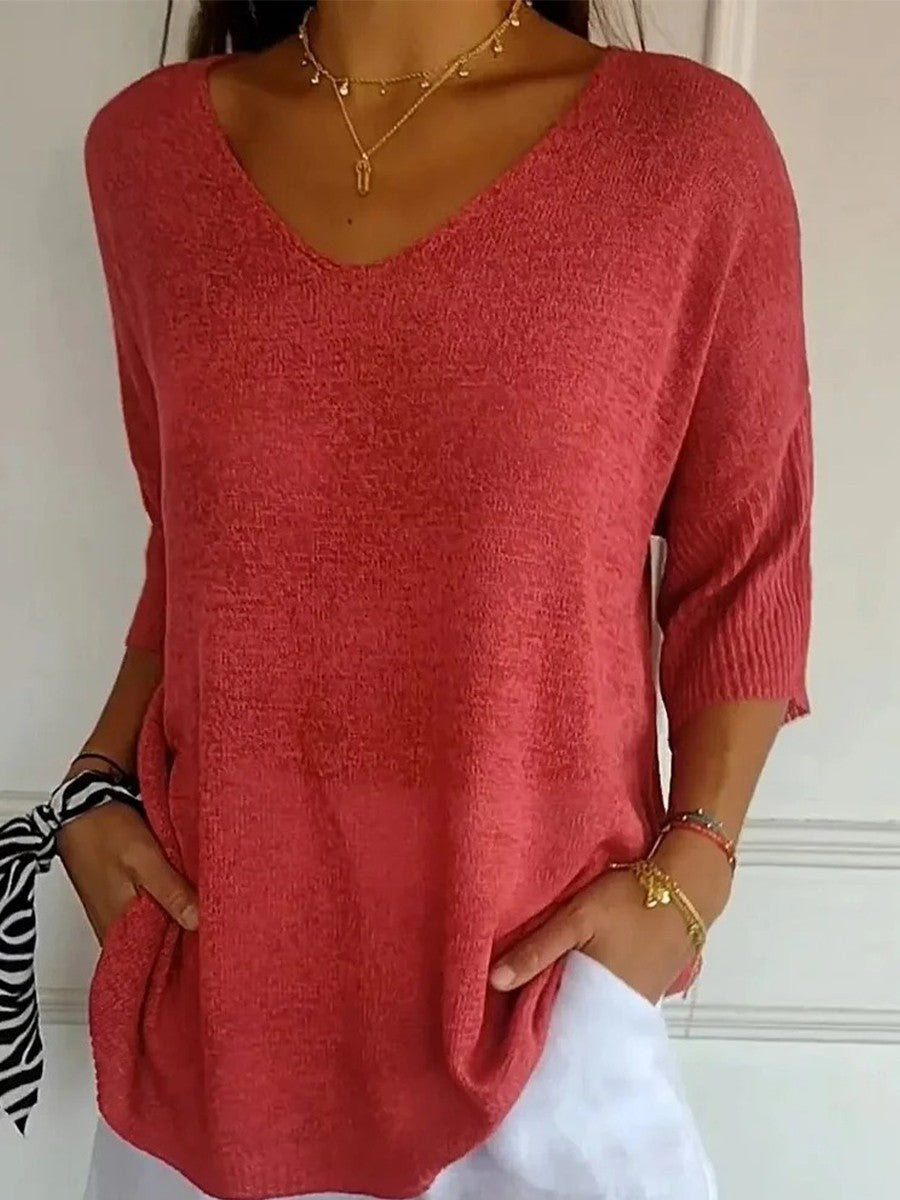 V-Neck Knitted Relaxed Half Sleeve Sweater