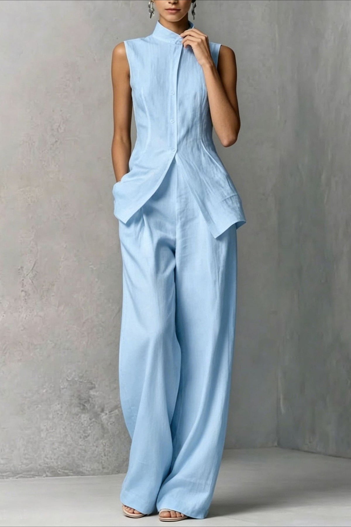 Drape Sleeveless Shirt Elegant Two Piece Work Set