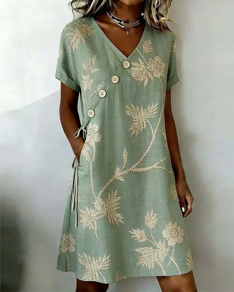 V-Neck Floral Diagonal Button Lace-Up Shift Mini Dress