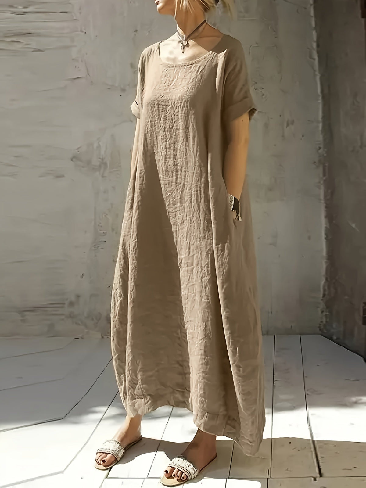 Round Neck Short Sleeve Textured Linen Pocket Cocoon Maxi Dress