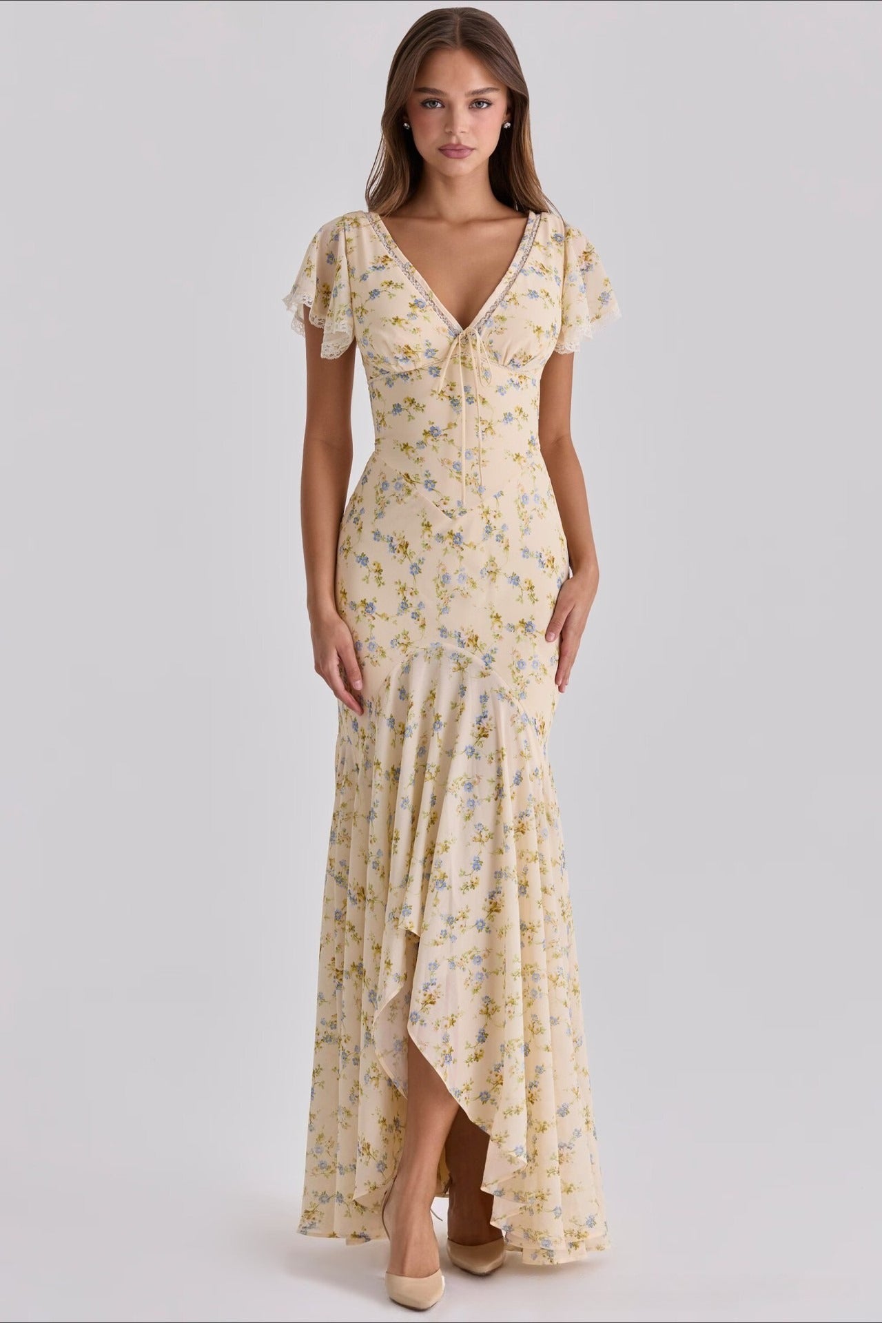 Mermaid V Neck Lace Panel Slim Long Floral Dress