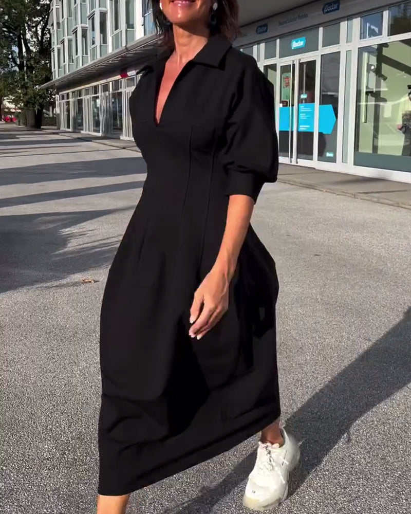 Black Collared V-Neck Puff Sleeve Pocket Cocoon Midi Dress 8
