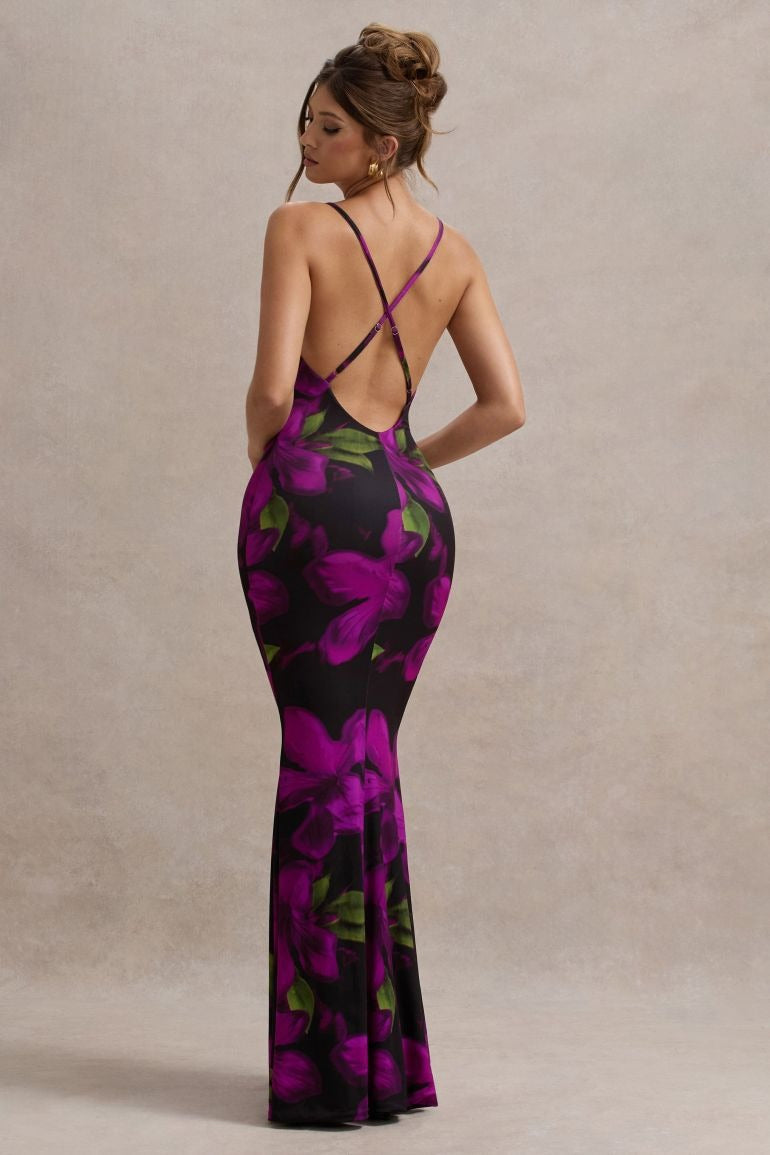 Purple Criss Cross Back Open Back Floral Print Bodycon Maxi Dress