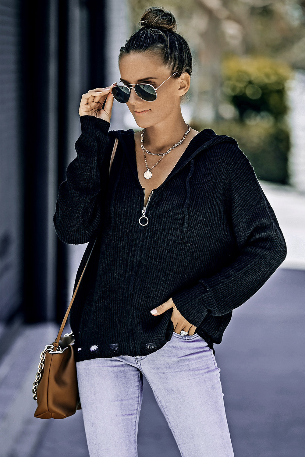 Zip Up Hooded Distressed Drawstring Knit Cardigan