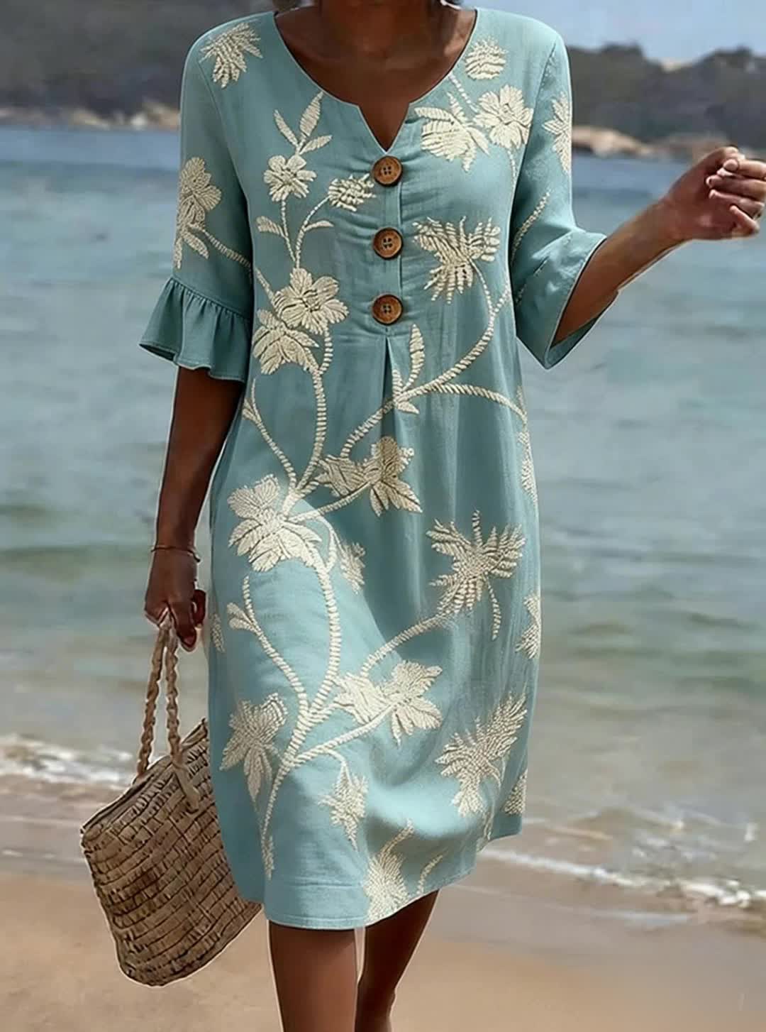 Blue Notch Neck Floral Embroidered Button Placket Shift Midi Dress