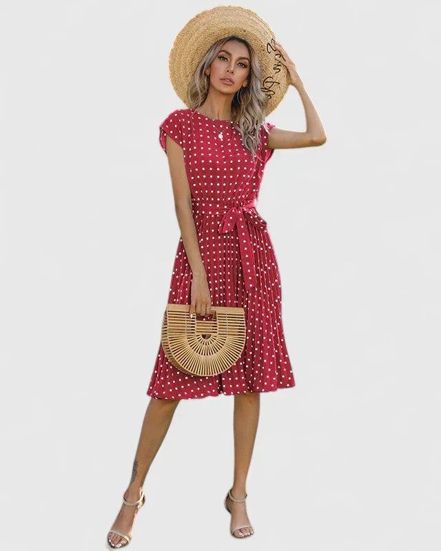 Round Neck Cap Sleeve Polka Dot Tie Waist Pleated Midi Dress 5