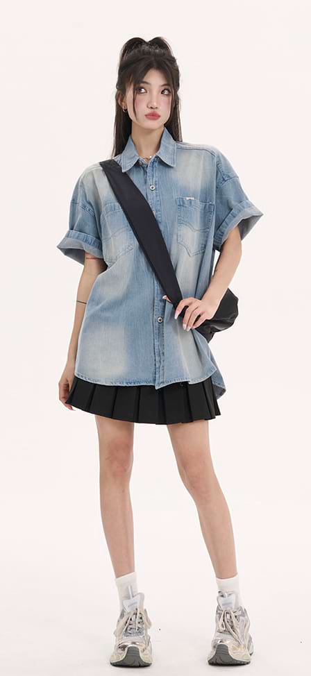 Oversized Faded Denim Button Shirt