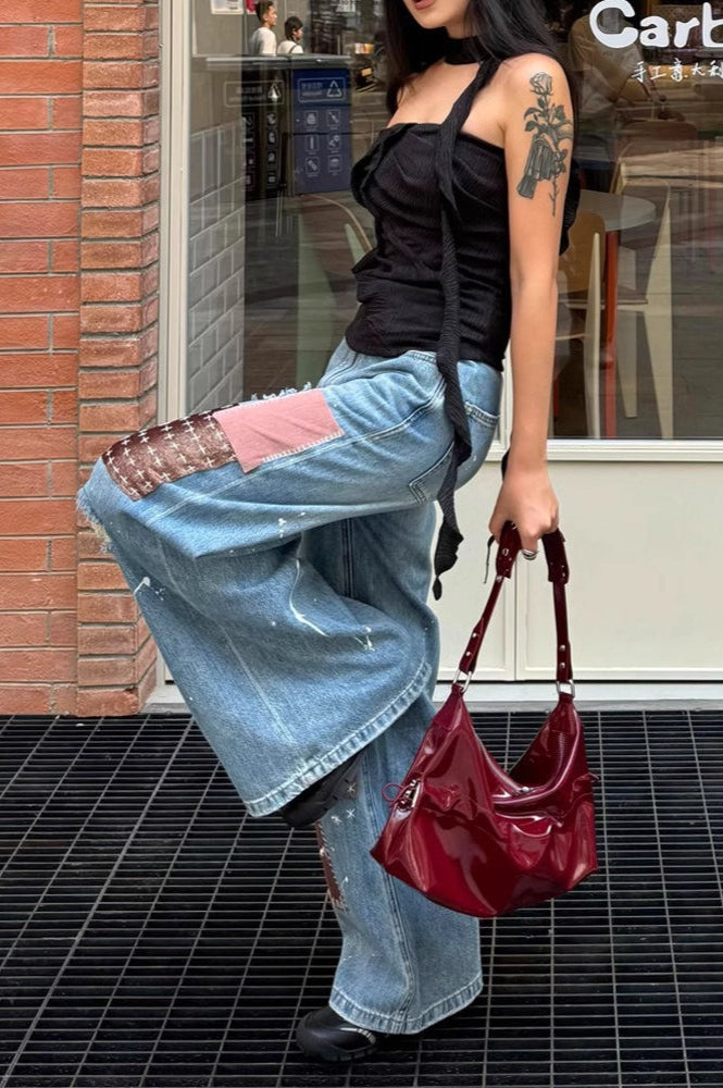 Retro Ripped Patchwork Paint-Splattered Maxi Jeans