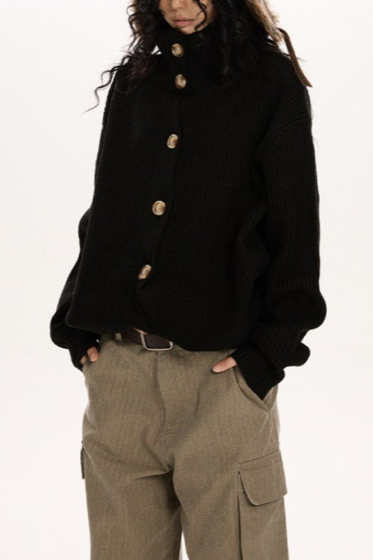 Button Collar Retro Slouchy Knit Cardigan