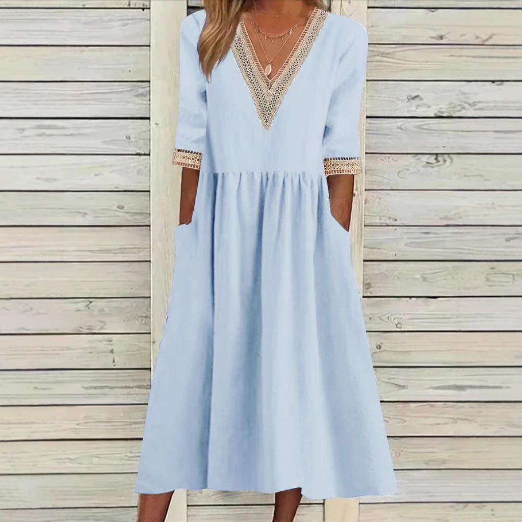 Lace Trim V-Neck Half Sleeve Pocket A-Line Midi Dress