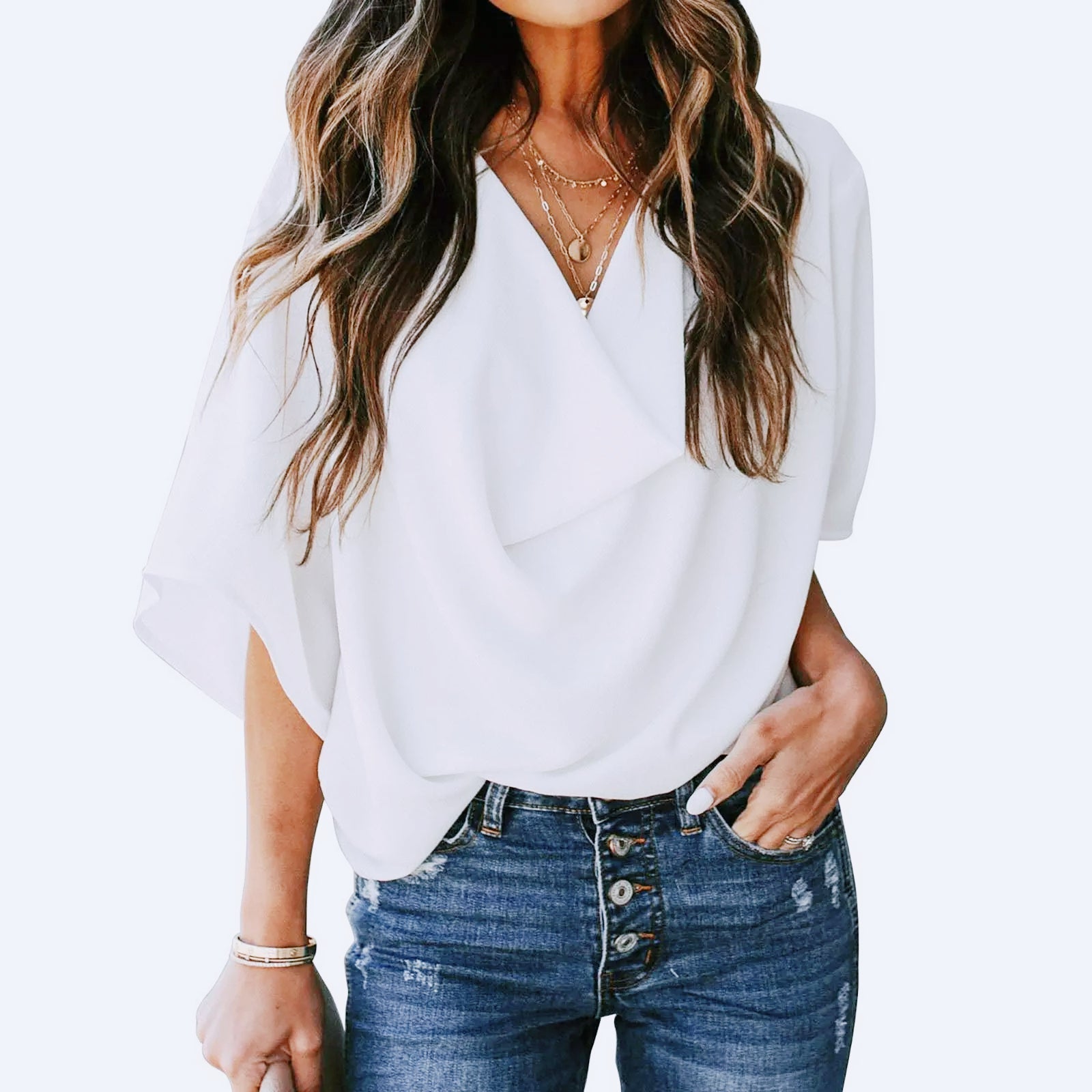 Women's Chiffon Vneck Loose Casual Mid Sleeve Blouse