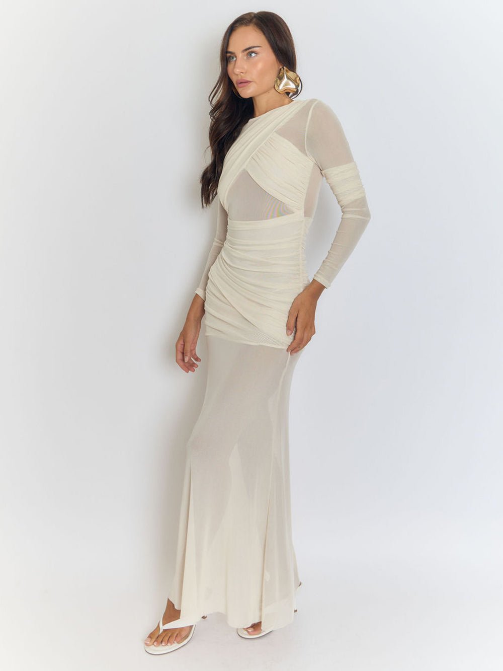 Beige Mesh Crew Neck Crossover Wrap Ruched Long Sleeve Sheer Column Maxi Dress 11