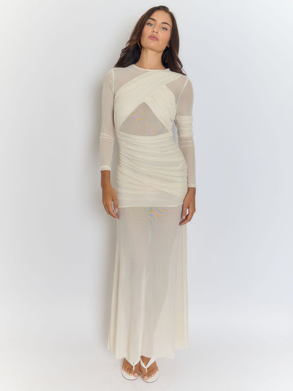 Beige Mesh Crew Neck Crossover Wrap Ruched Long Sleeve Sheer Column Maxi Dress 9