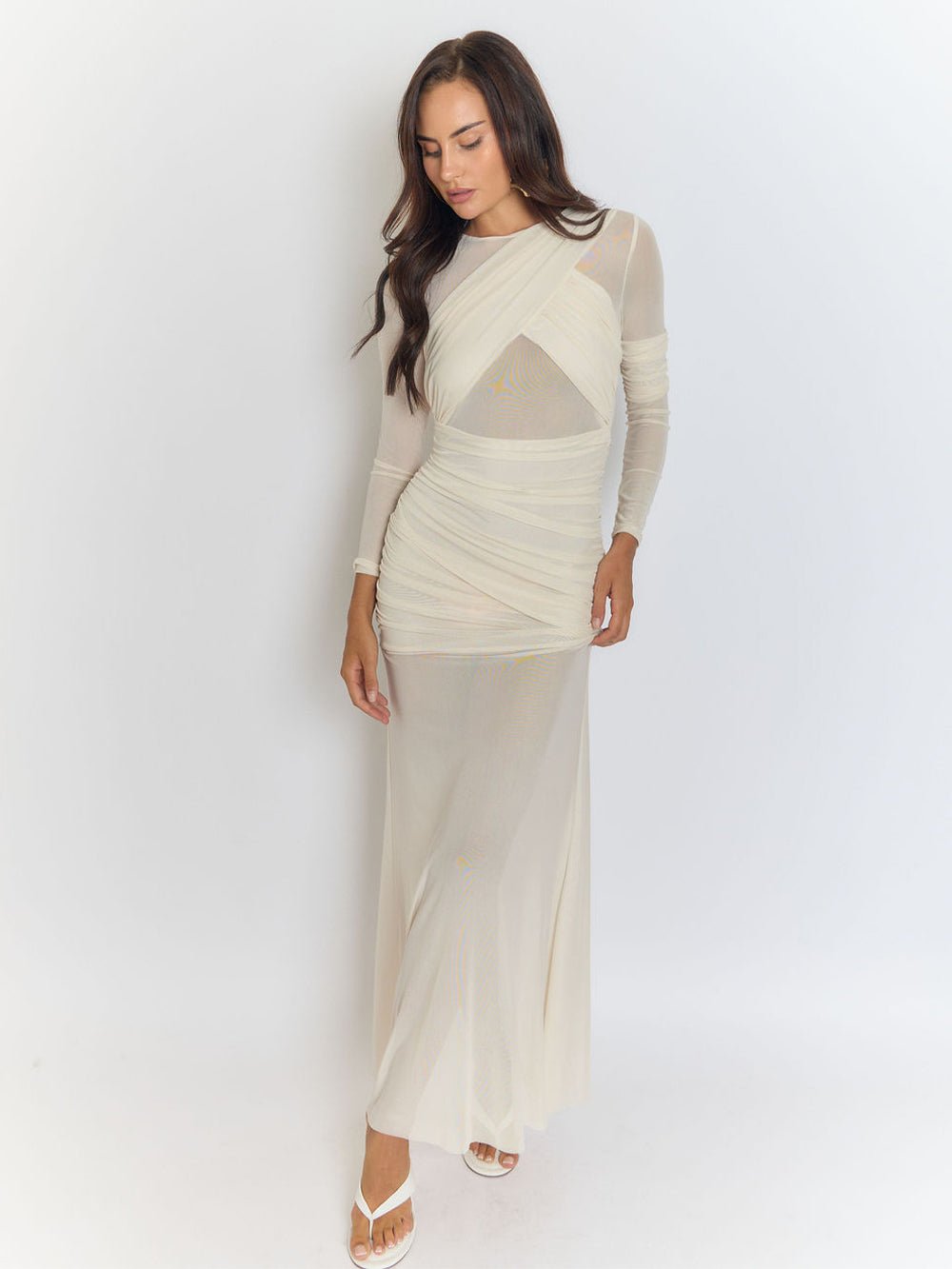 Beige Mesh Crew Neck Crossover Wrap Ruched Long Sleeve Sheer Column Maxi Dress 8