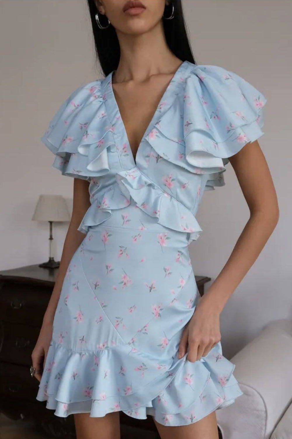 Ruffled V Neck Long Fitted Floral Dress